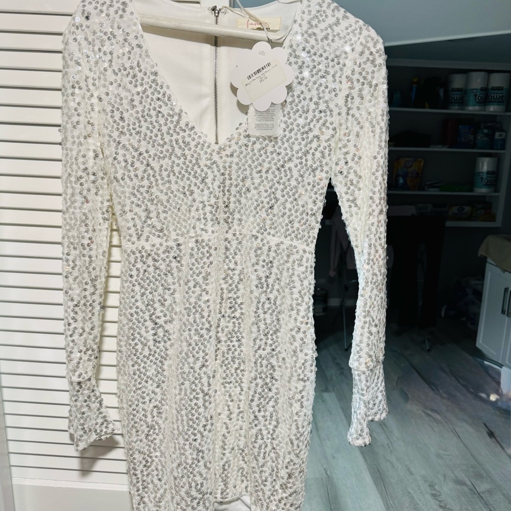 Elegant White and Silver Sequin Long Sleeve Dress